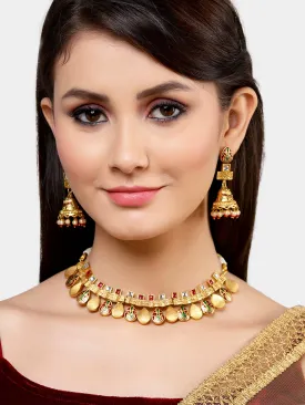 Karatcart Antique Gold Plated Red Meena Necklace with Jhumki Earrings for Women