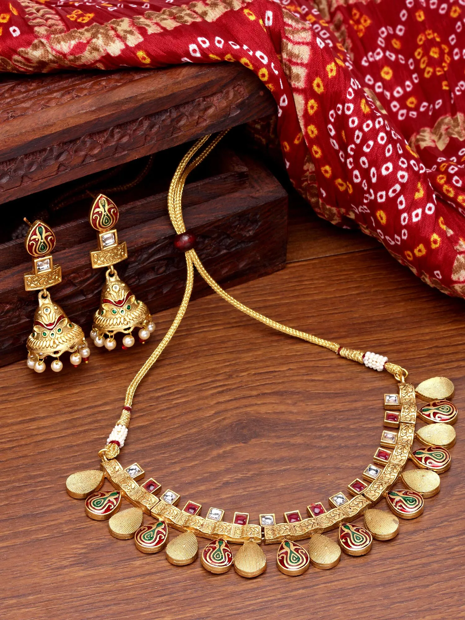 Karatcart Antique Gold Plated Red Meena Necklace with Jhumki Earrings for Women