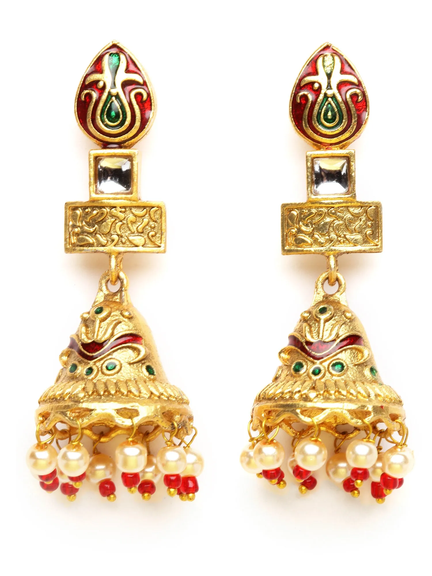 Karatcart Antique Gold Plated Red Meena Necklace with Jhumki Earrings for Women