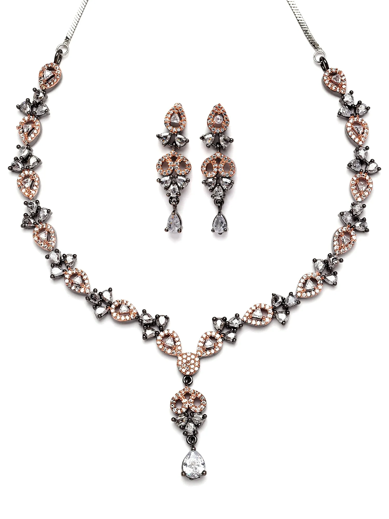 Karatcart Black and Rose Gold Plated Cubic Zirconia Studded Necklace Set