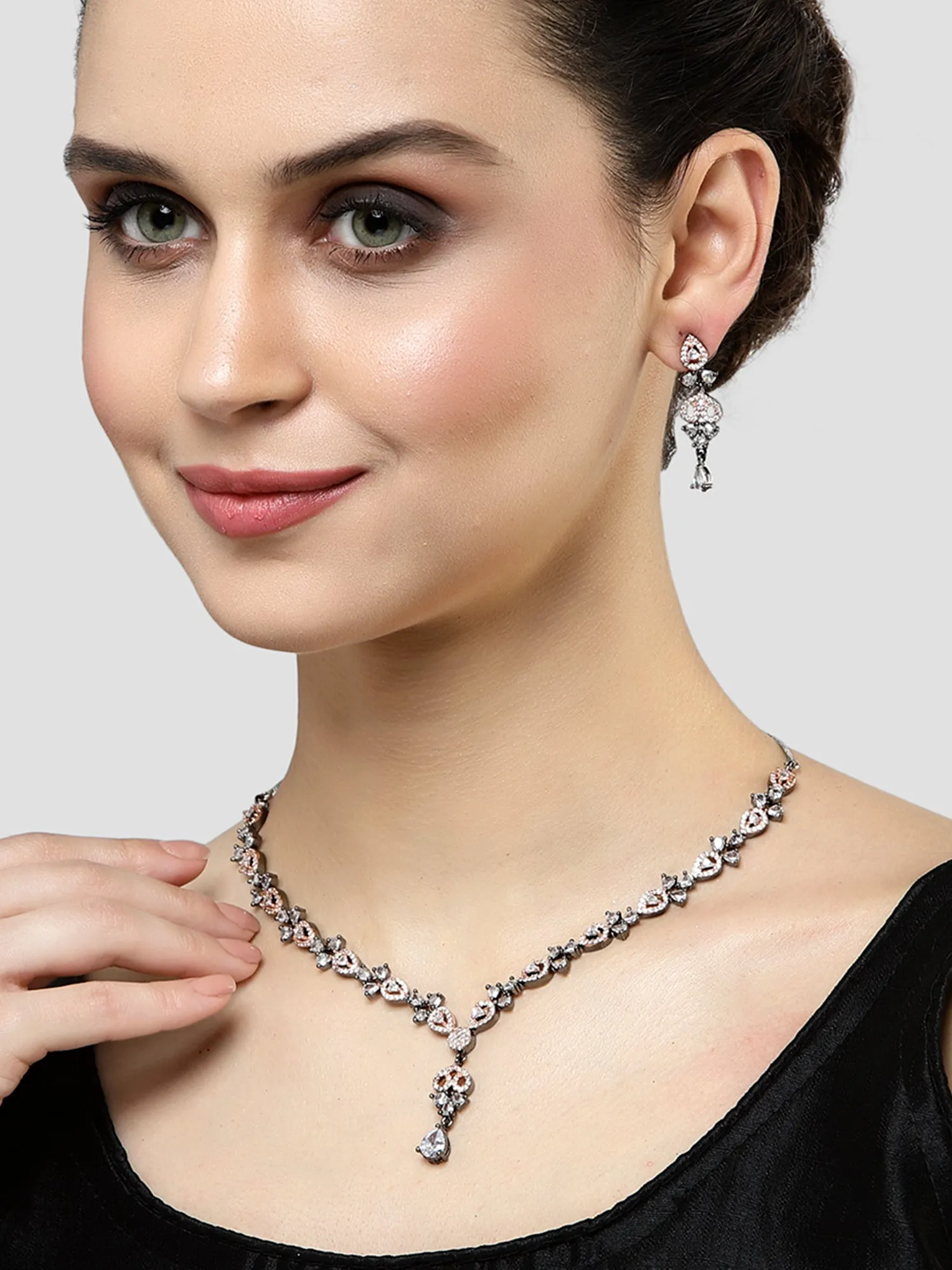 Karatcart Black and Rose Gold Plated Cubic Zirconia Studded Necklace Set