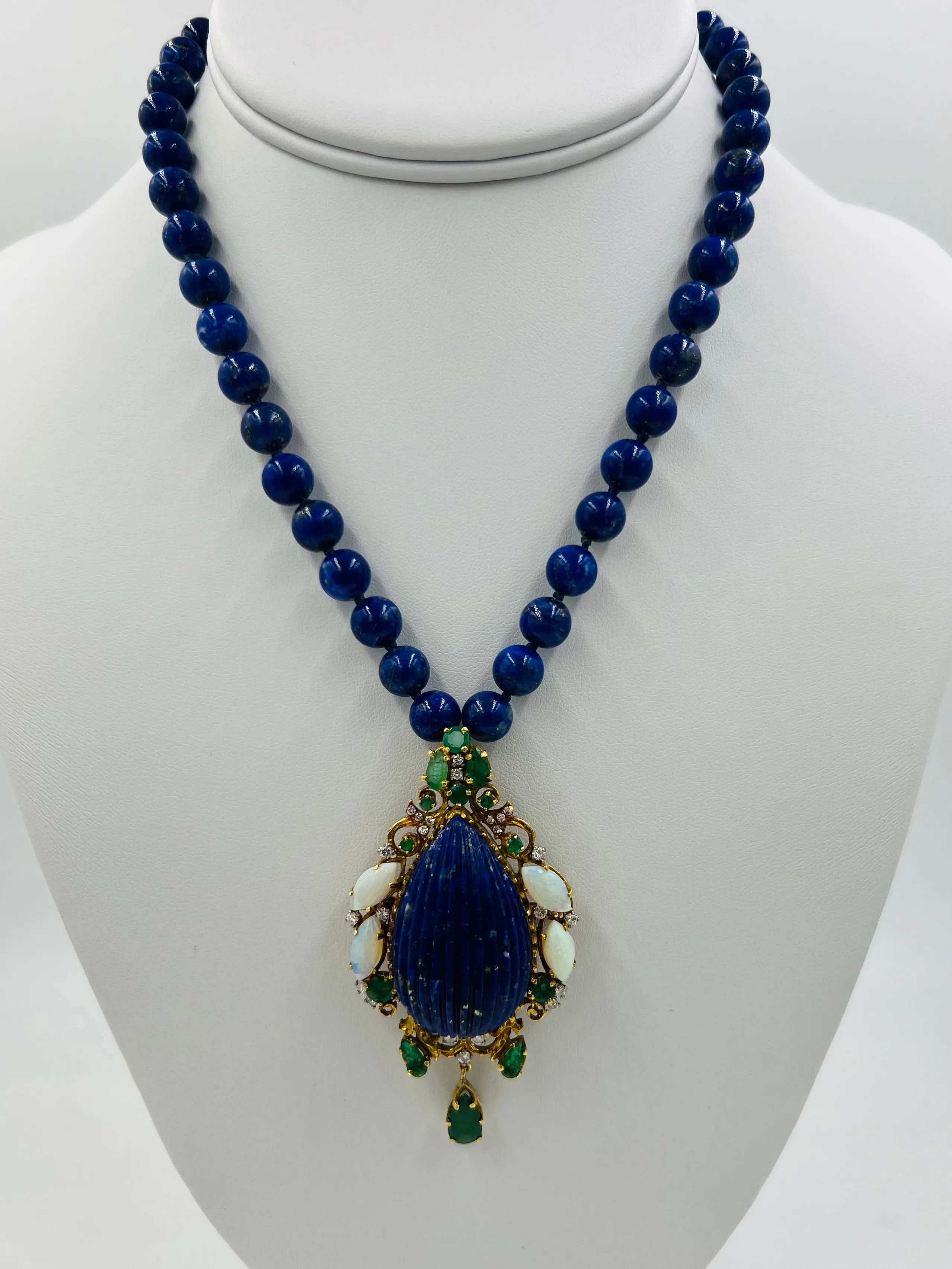 Lapis Emerald Opal Diamond Yellow Gold Pendant Necklace Circa 1970s