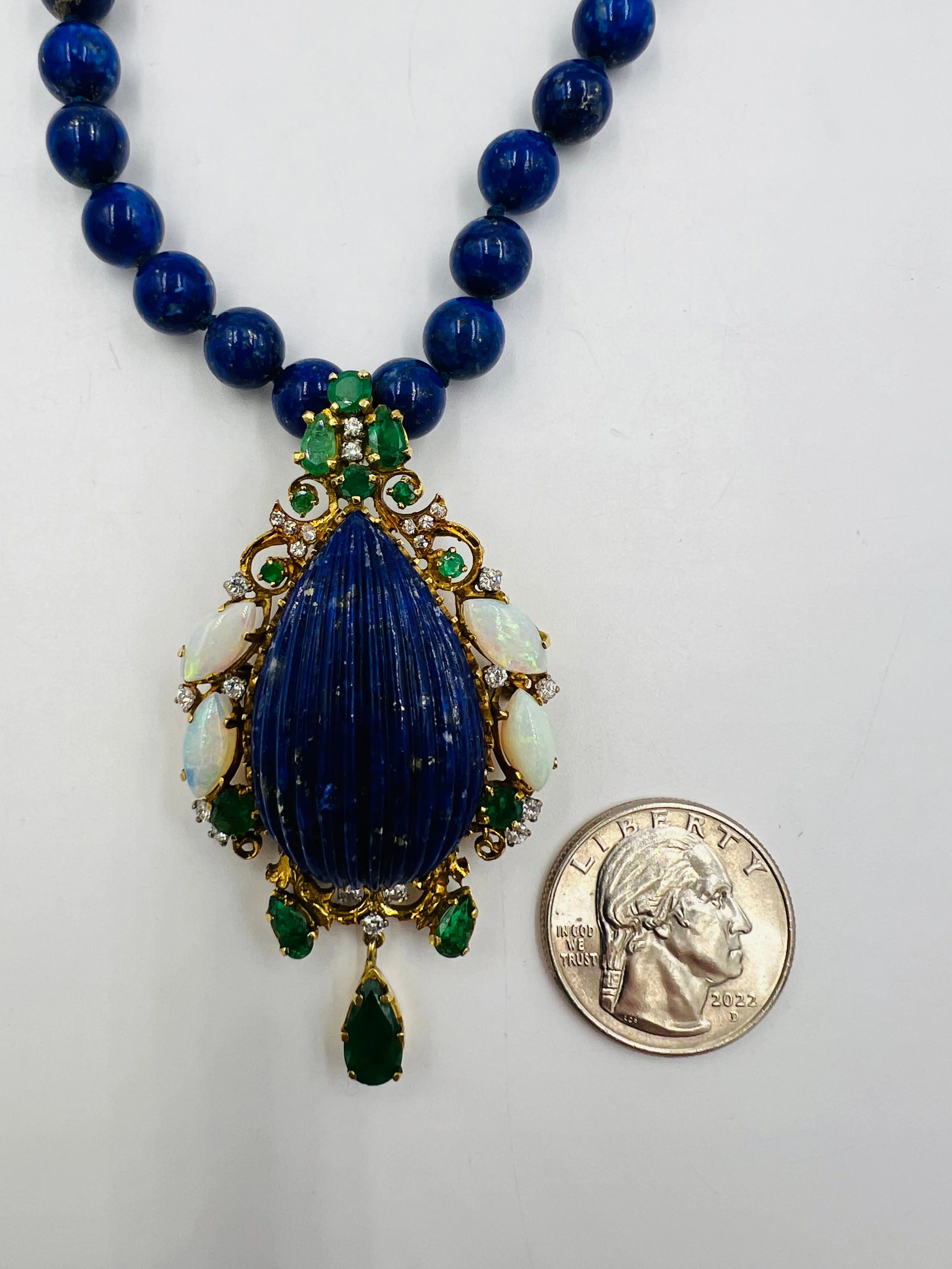 Lapis Emerald Opal Diamond Yellow Gold Pendant Necklace Circa 1970s