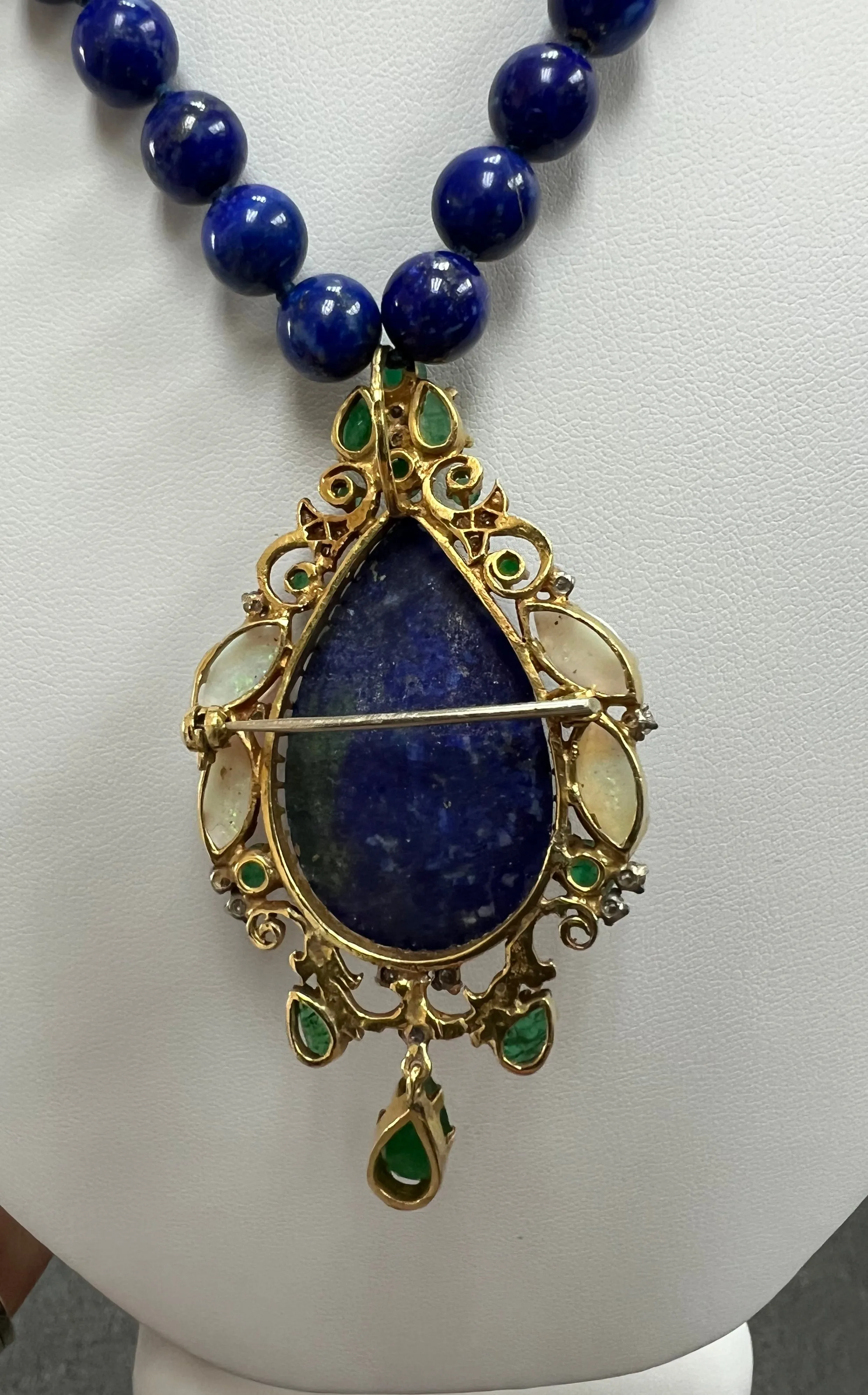 Lapis Emerald Opal Diamond Yellow Gold Pendant Necklace Circa 1970s