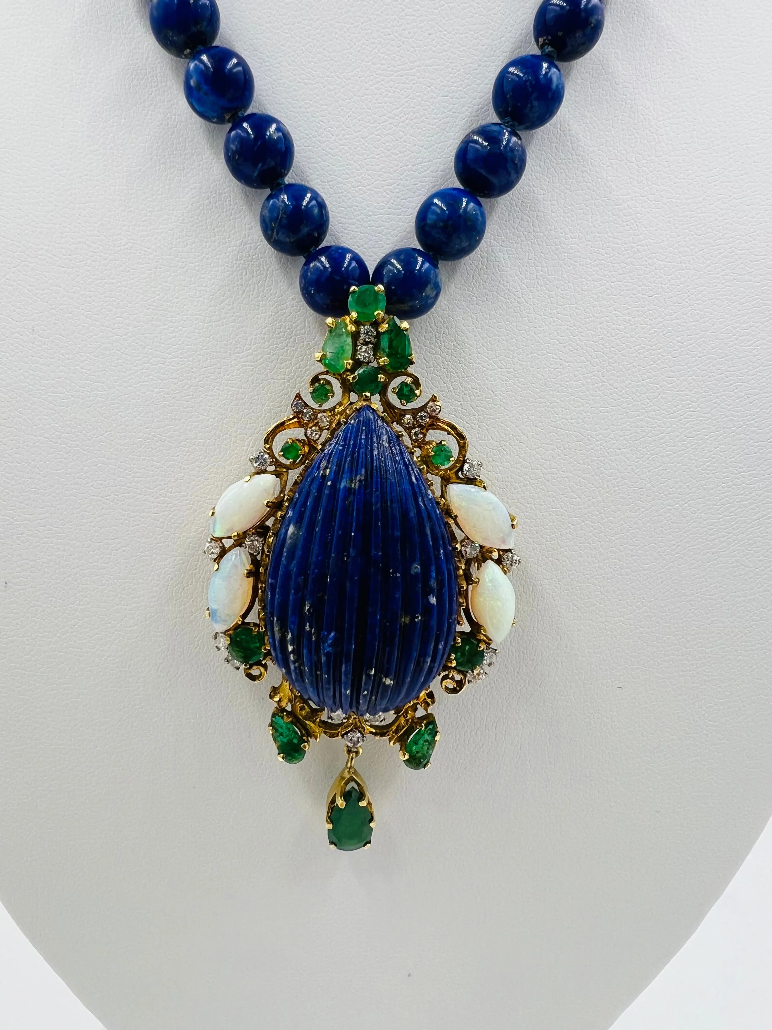 Lapis Emerald Opal Diamond Yellow Gold Pendant Necklace Circa 1970s