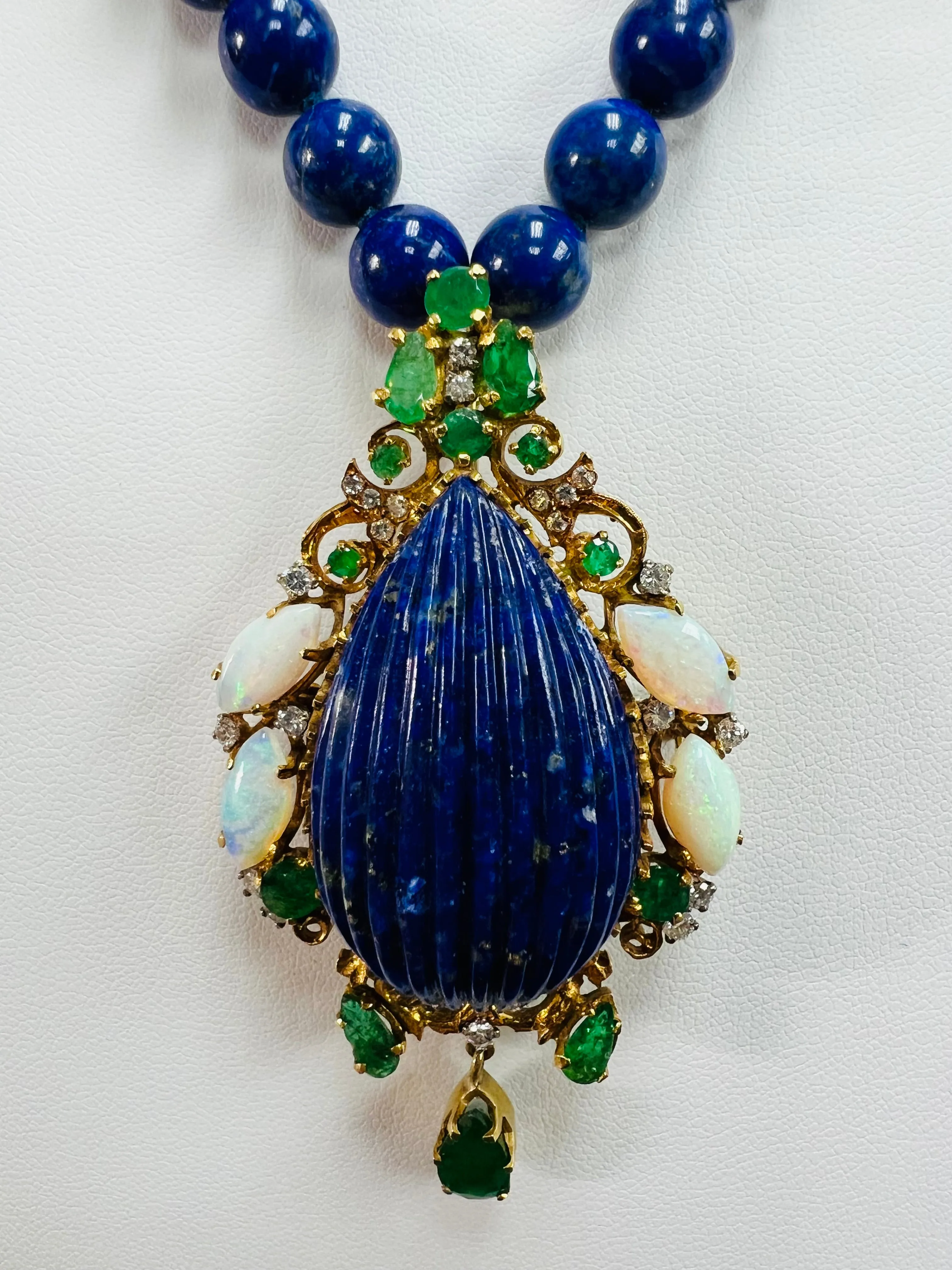 Lapis Emerald Opal Diamond Yellow Gold Pendant Necklace Circa 1970s