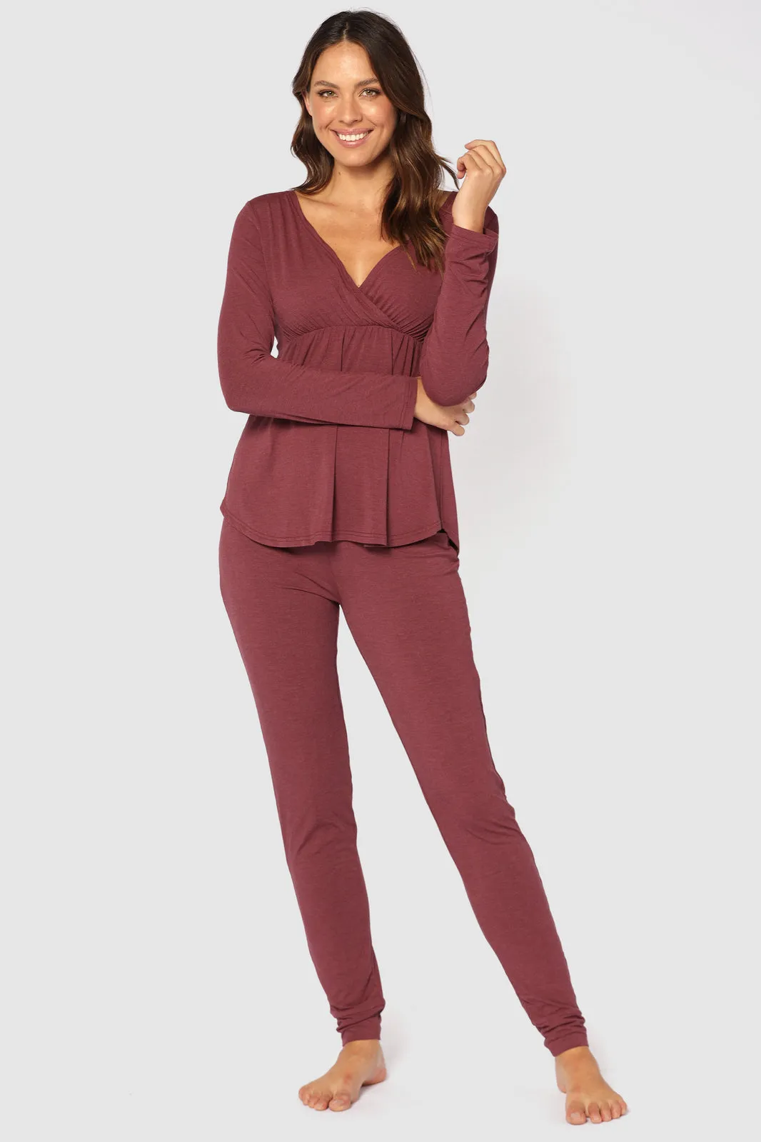 Long Sleeve Cross Front PJ Top - Burgundy