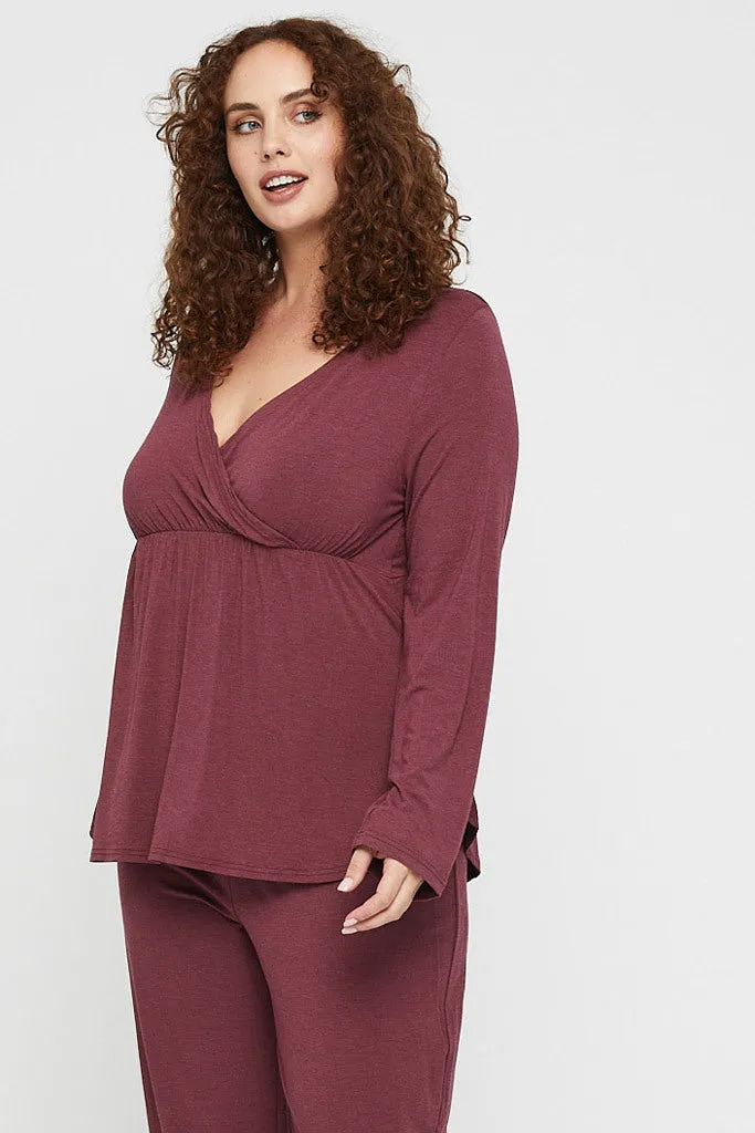 Long Sleeve Cross Front PJ Top - Burgundy