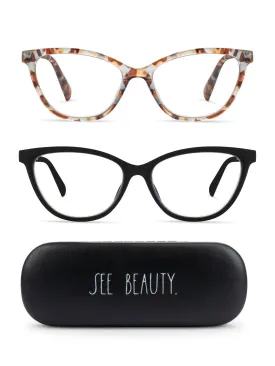 MARIE 2-Pack Blue Light Blocking Reading Glasses with "SEE BEAUTY" Signature Font Hard Case