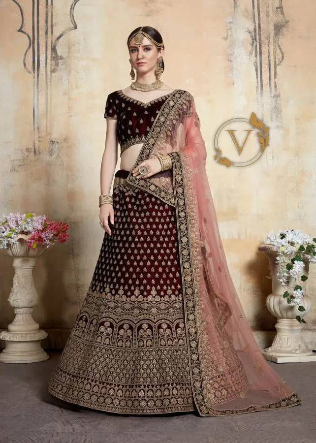 Maroon 1 Embroidered Velvet Lehenga with Dupatta