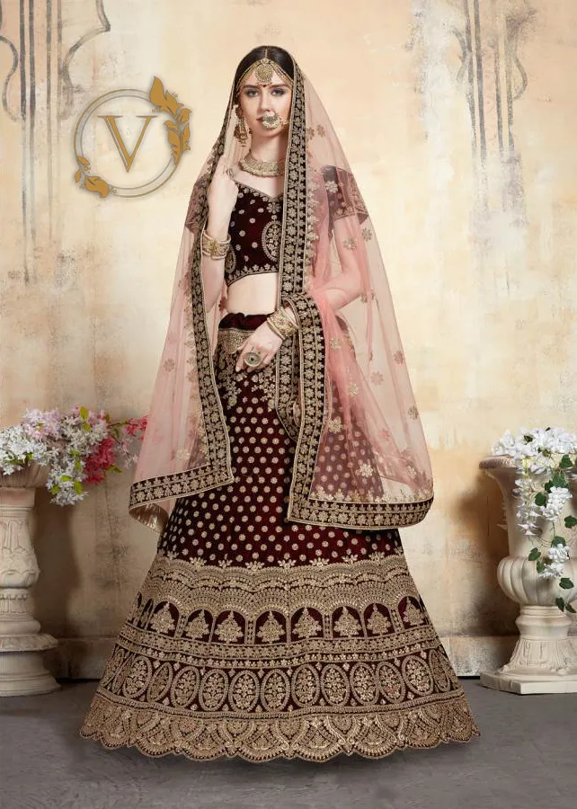 Maroon 6 Embroidered Velvet Lehenga with Dupatta