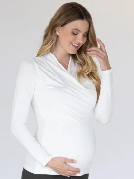 Maternity V-Neck Crossover Bamboo Long Sleeve Top - White