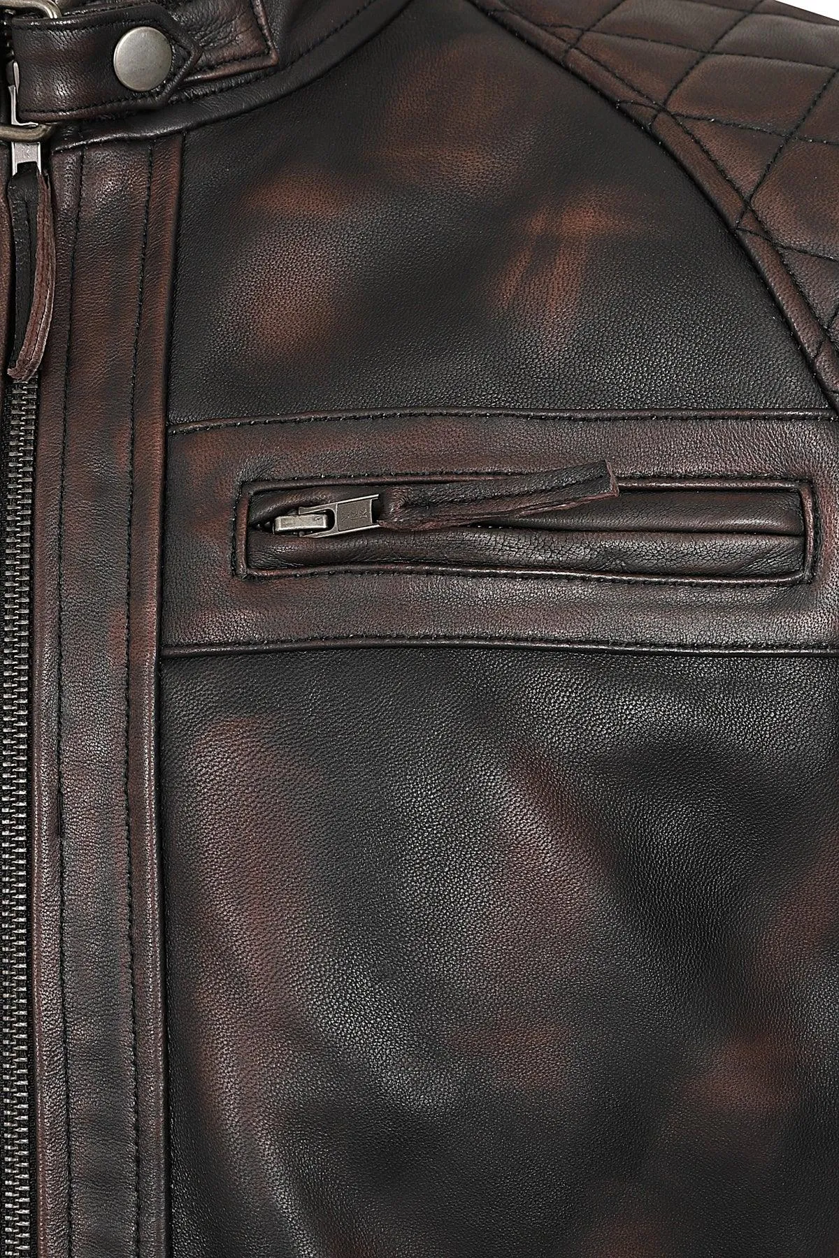 Men's Brown Real Leather Biker Jacket Slim Fit - 'LEE'