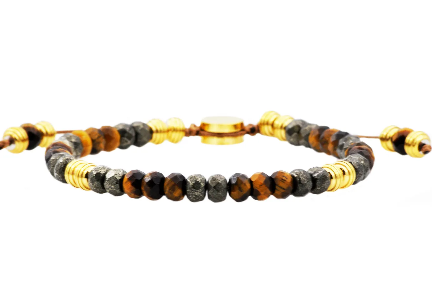 Mens Genuine Pyrite And Tiger Eye Gold Stainless Steel Beaded Bracelet