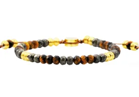 Mens Genuine Pyrite And Tiger Eye Gold Stainless Steel Beaded Bracelet