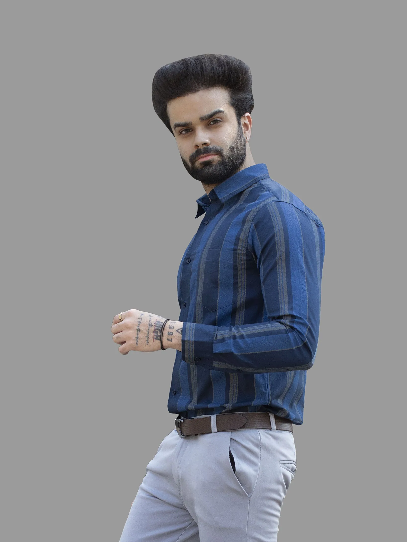 Navy Blue And Periwinkle Blue Striped Dobby Luxurious Cotton Shirt