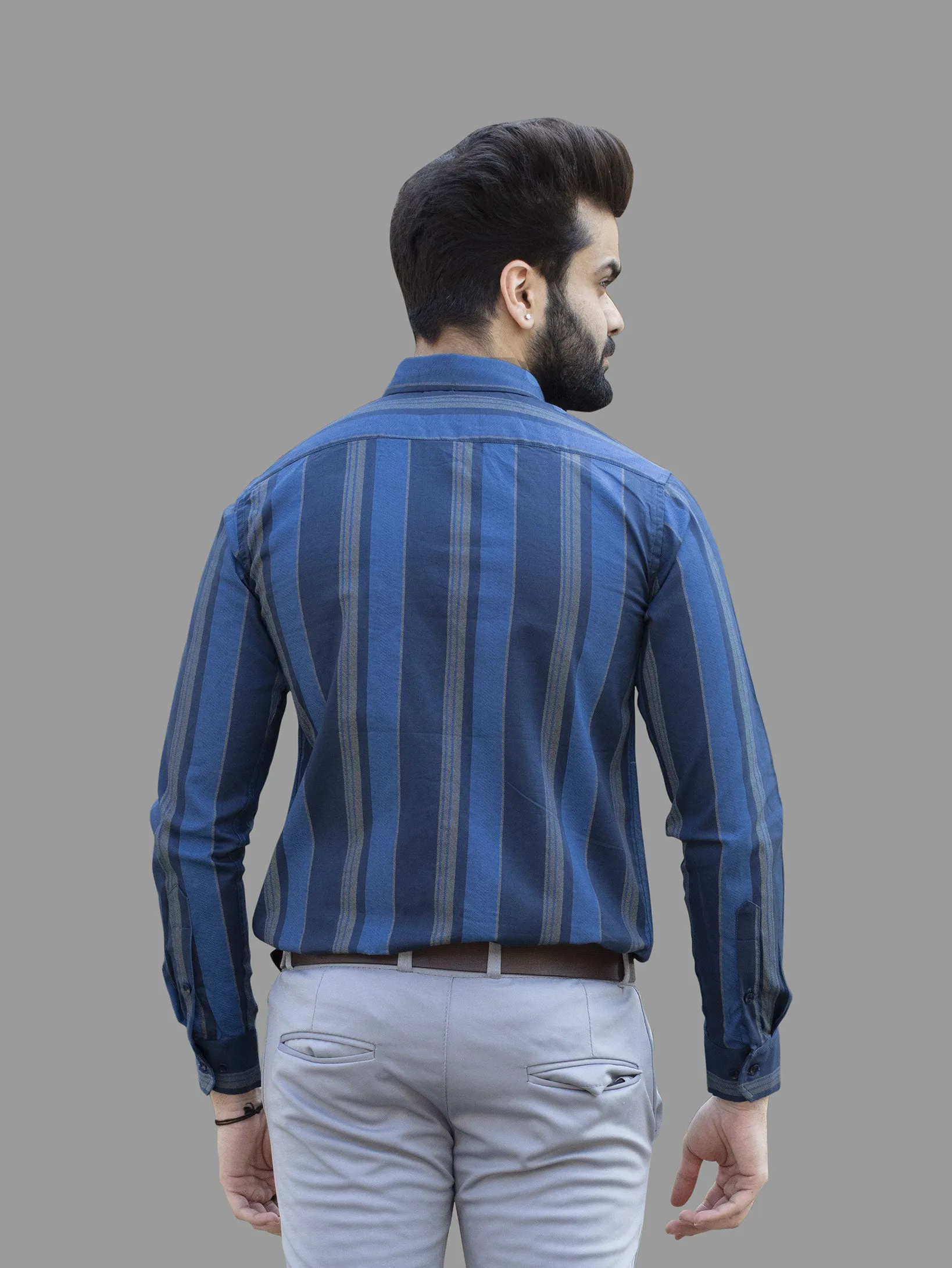 Navy Blue And Periwinkle Blue Striped Dobby Luxurious Cotton Shirt