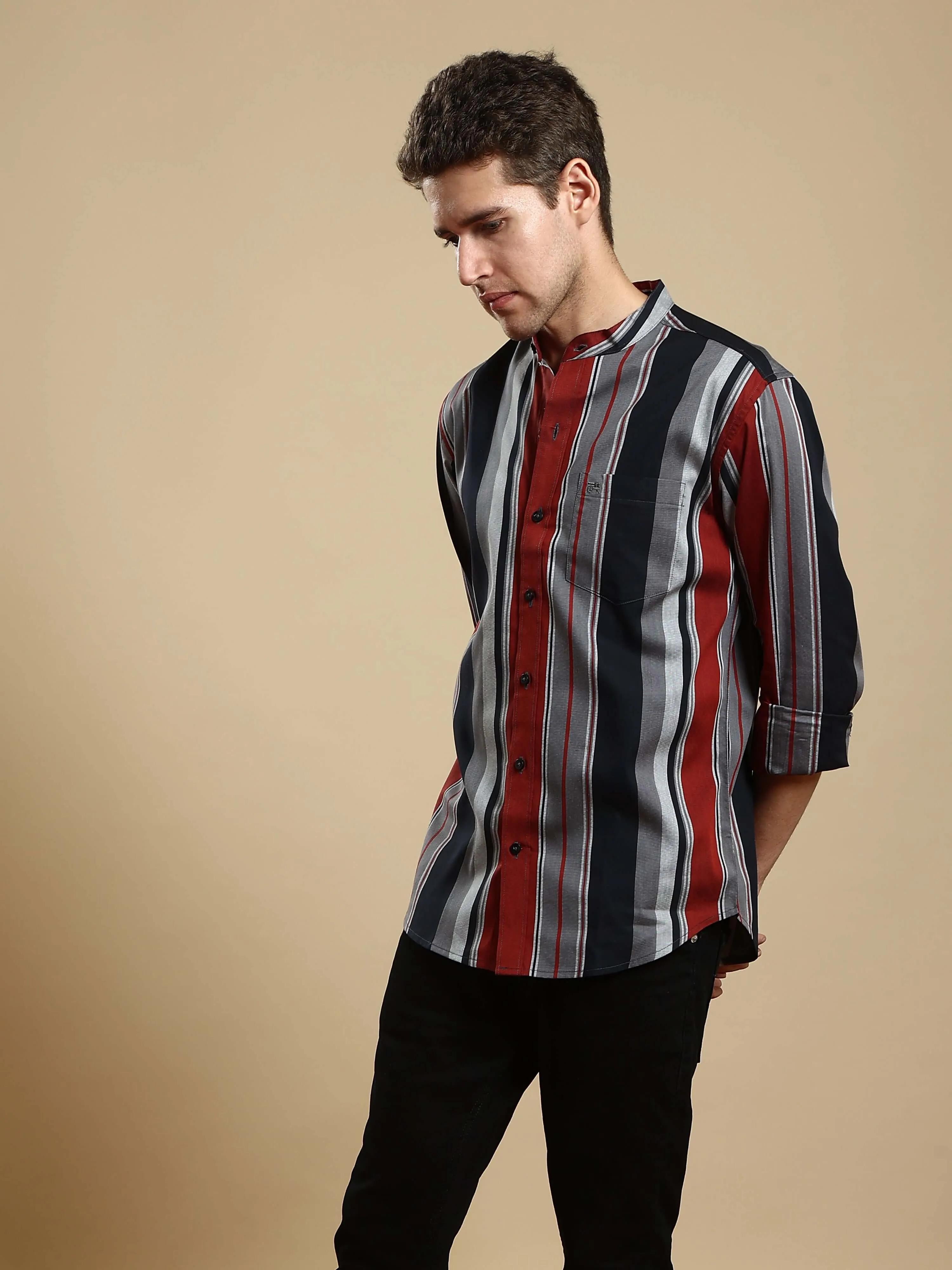 Navy blue striped full sleeves shirt