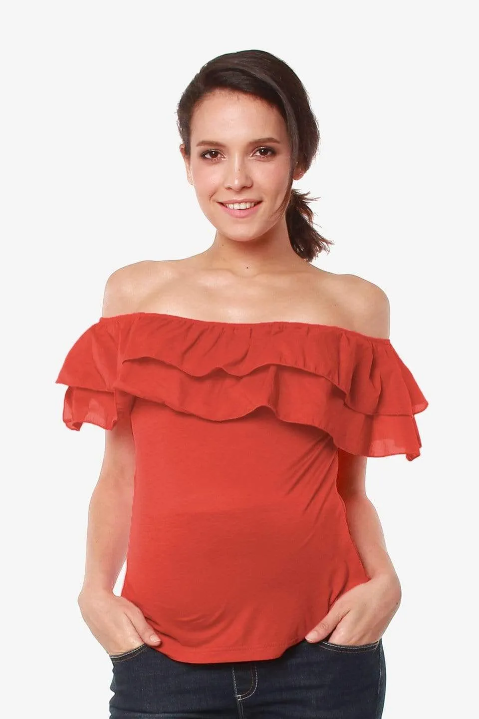 Off Shoulder Cacey Nursing Top Dark Coral