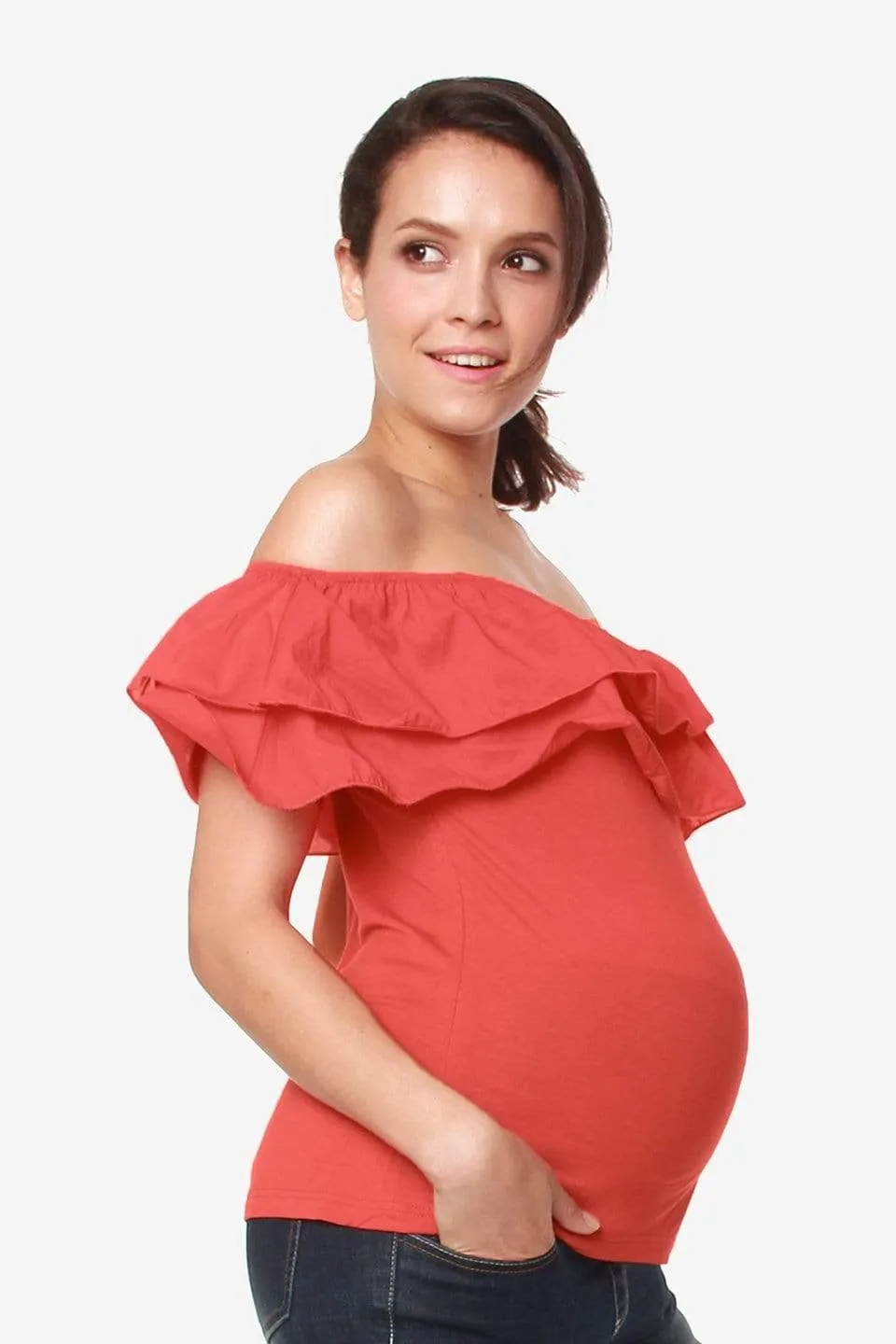 Off Shoulder Cacey Nursing Top Dark Coral