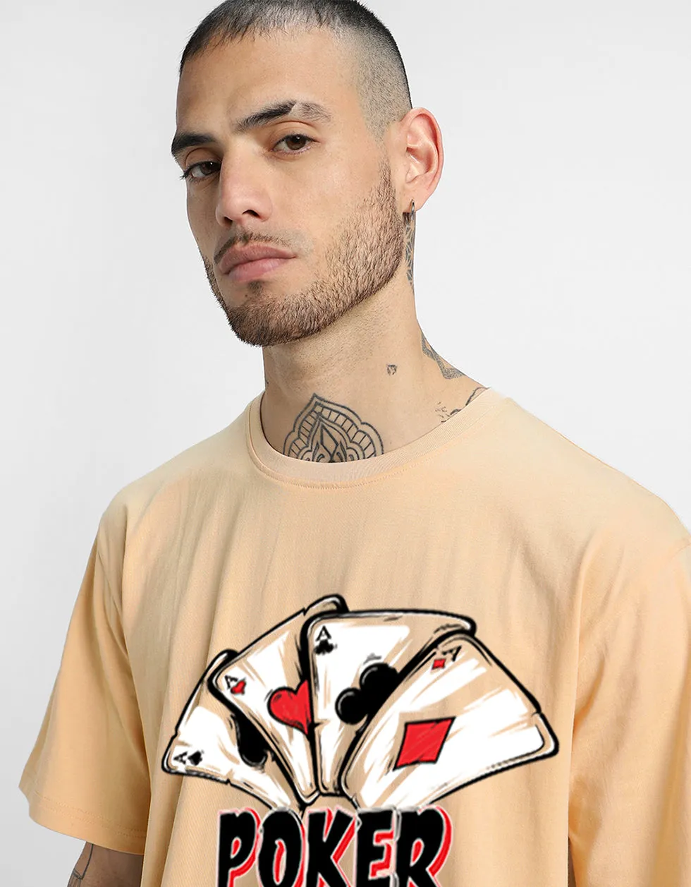 POKER Beige Oversized Front Graphic Printed Tshirt