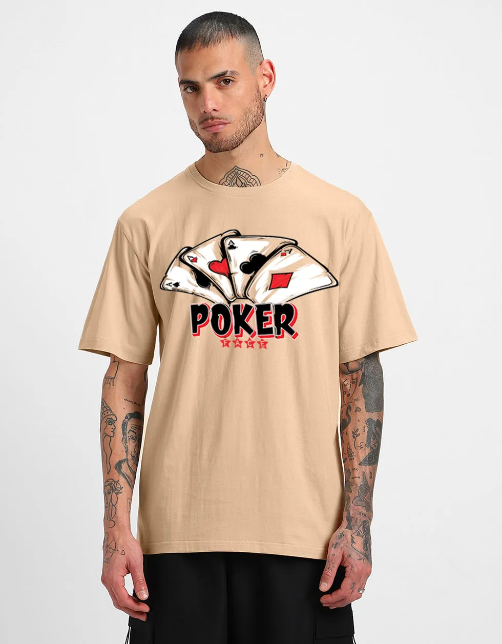 POKER Beige Oversized Front Graphic Printed Tshirt