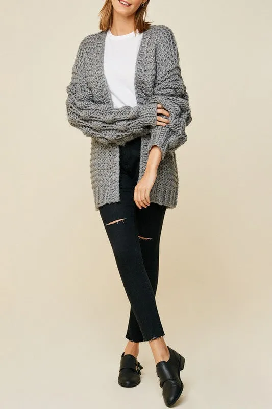 Pom Pom Sleeve Knit Cardigan-Gray