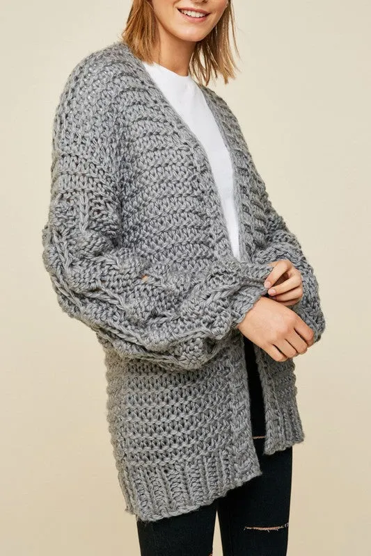 Pom Pom Sleeve Knit Cardigan-Gray