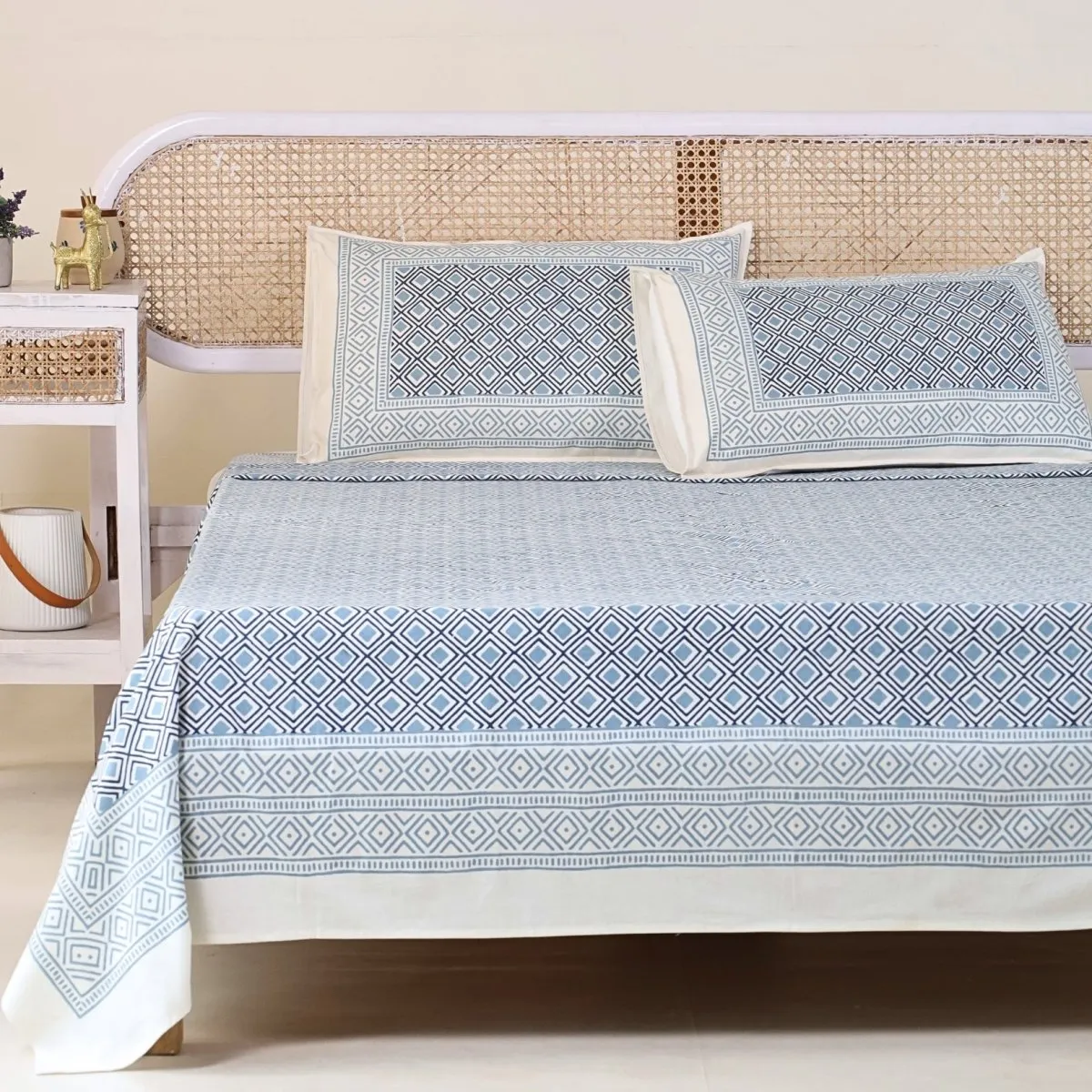 Pure Cotton Double Bedsheet Set With 2 Pillow Covers | Hand Printed in Blue & Grey | Handmade In India