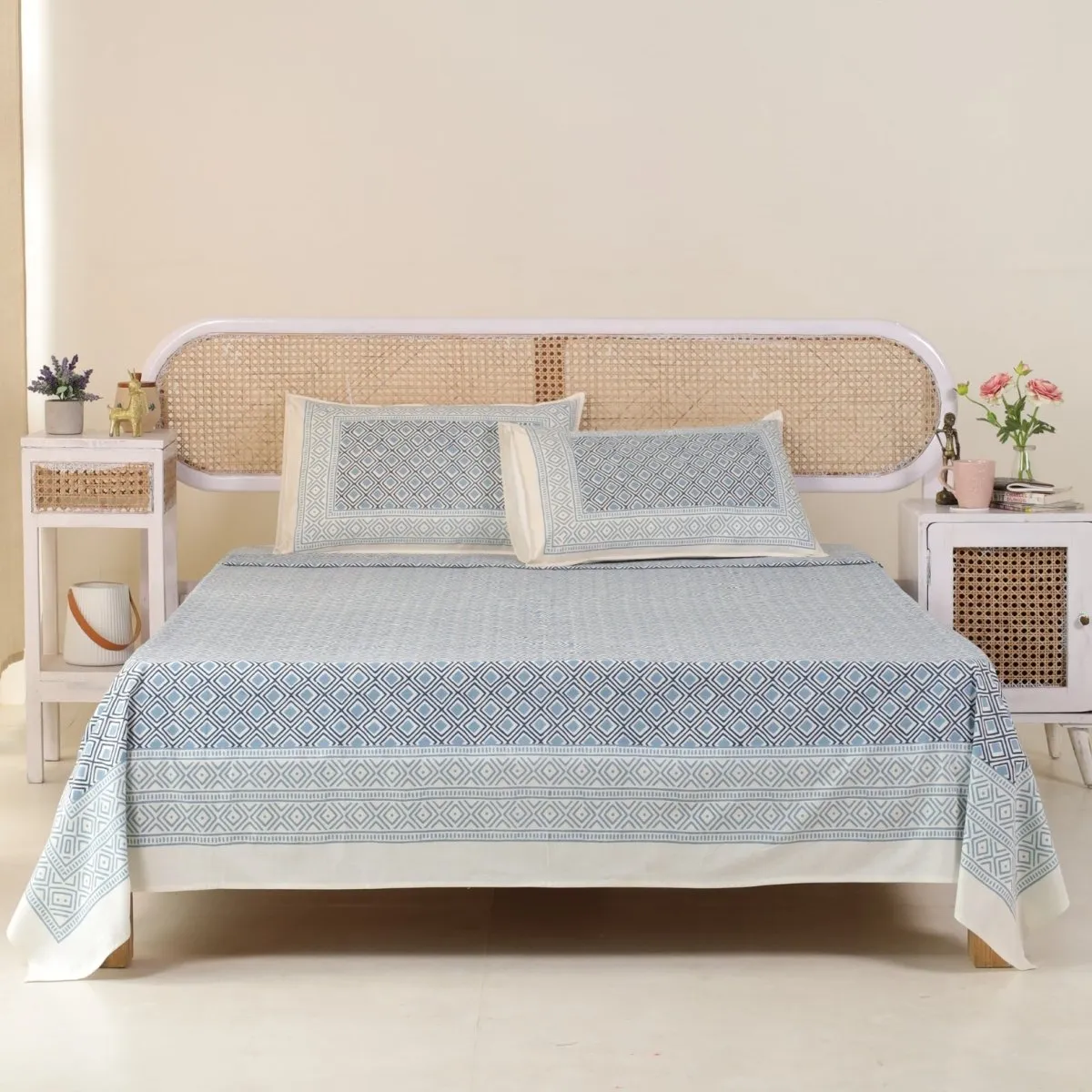 Pure Cotton Double Bedsheet Set With 2 Pillow Covers | Hand Printed in Blue & Grey | Handmade In India