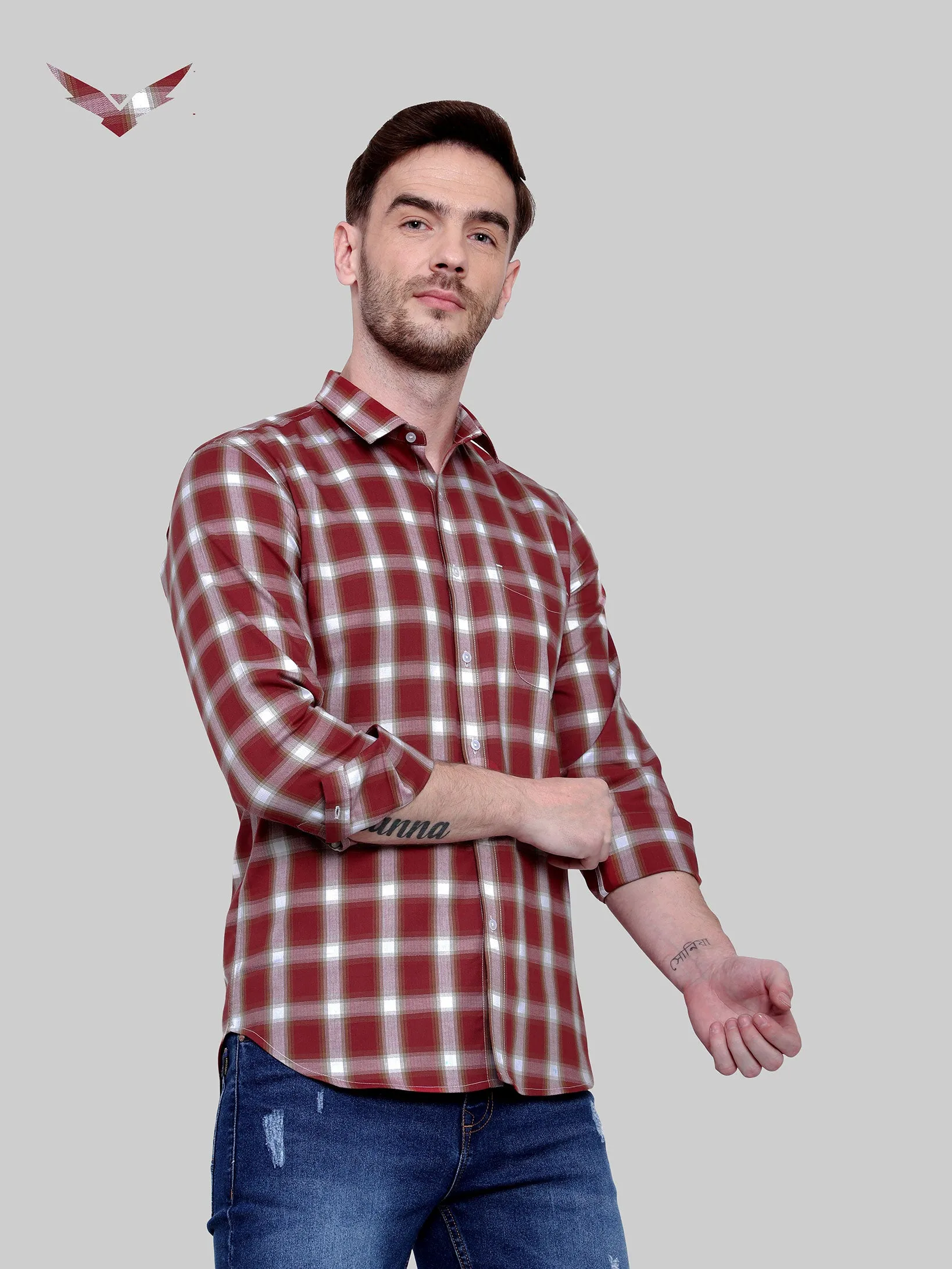 Red Orange Gingham Checkered Full Sleeve Cotton Shirt