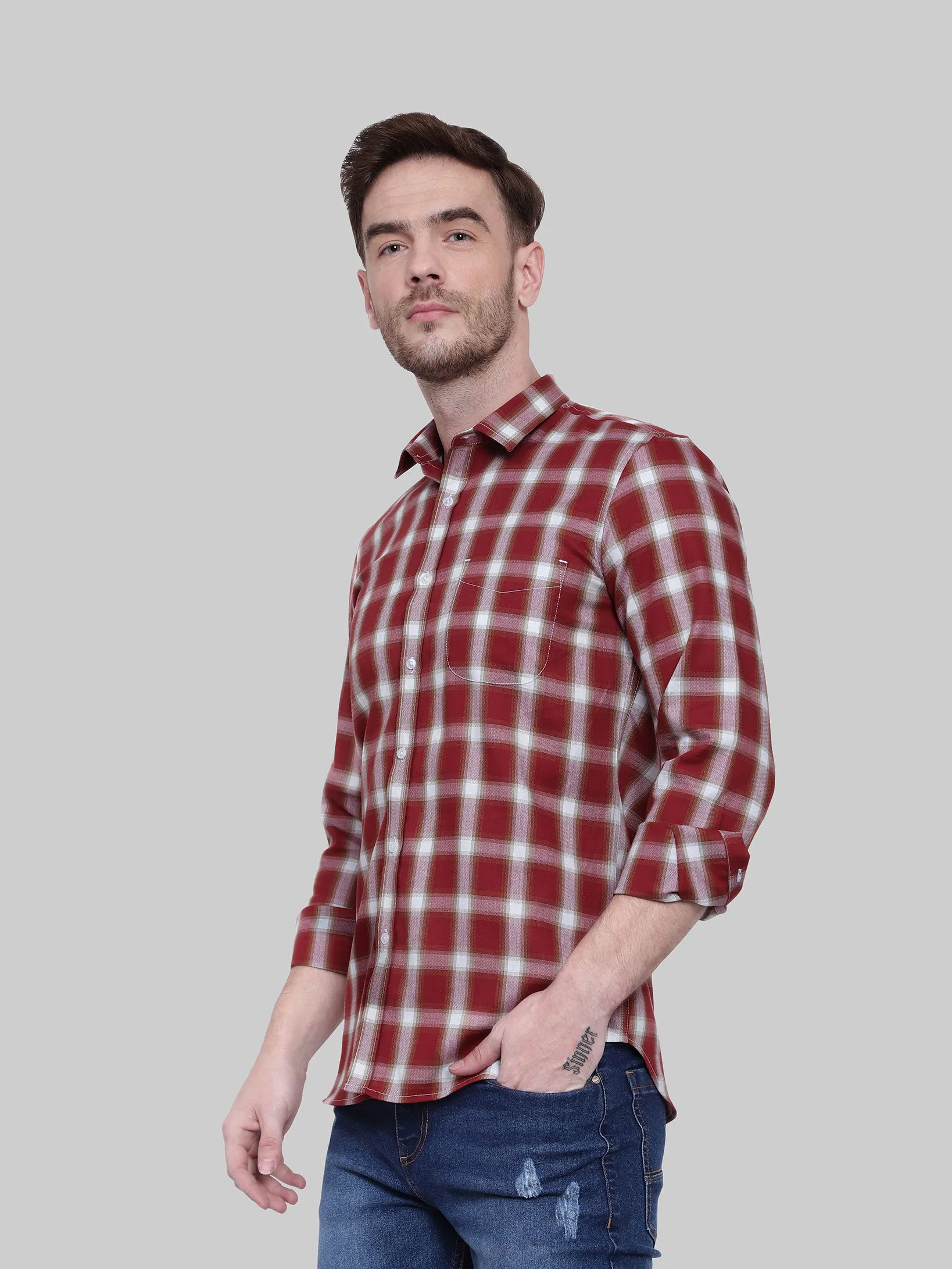 Red Orange Gingham Checkered Full Sleeve Cotton Shirt