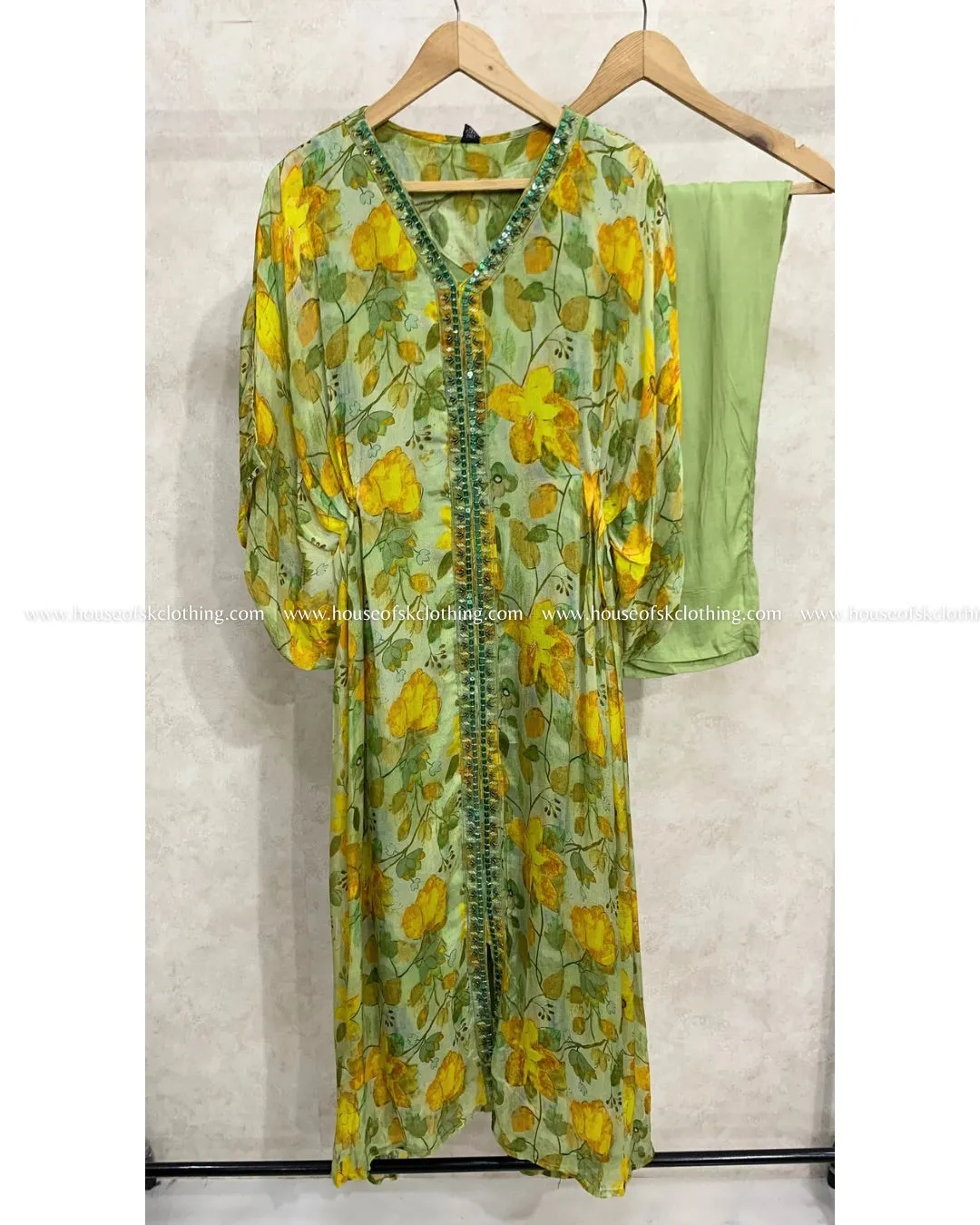 Sea Green Floral Printed Kaftan