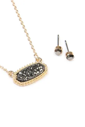 Short Length Druzy Rhinestone Oval Pendant Necklace & Stud Earring Set- Gold Hematite Stone