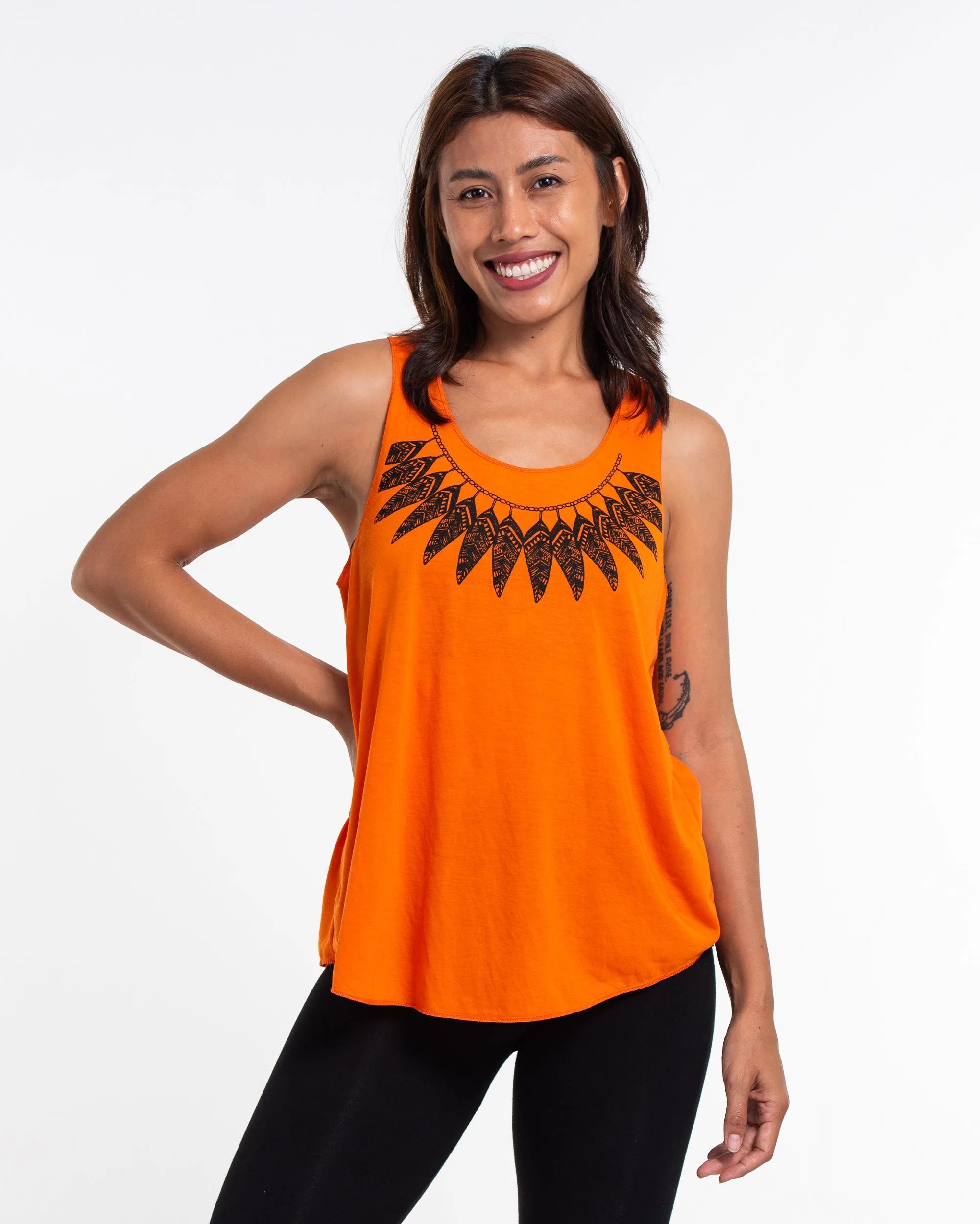 Super Soft Cotton Womens Feather Necklace Tank Top in Orange