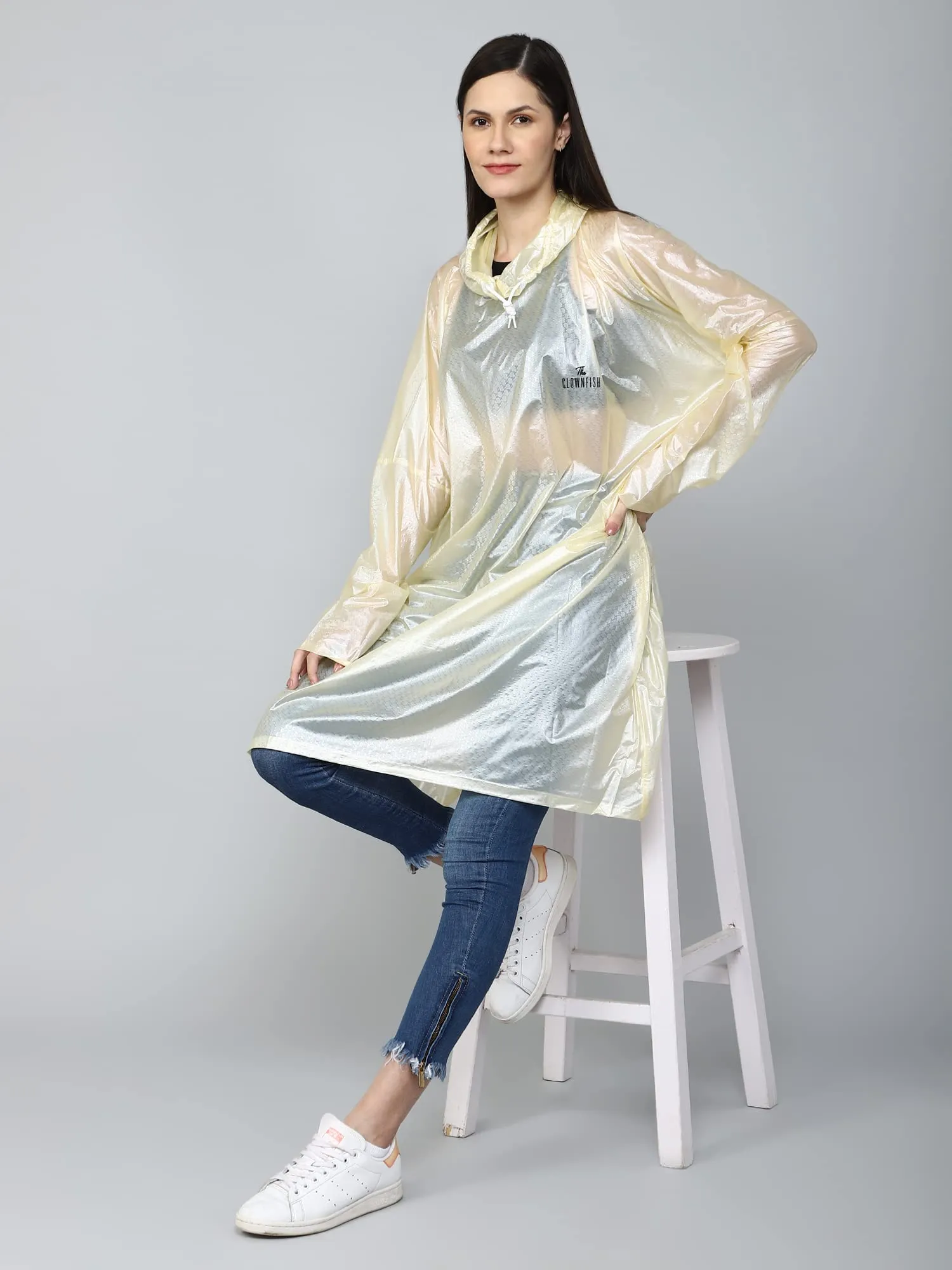 THE CLOWNFISH Avalon Series Womens Waterproof PVC Transparent Self Design Pullover Longcoat/Raincoat with Adjustable Hood (Lemon Yellow, XX-Large)