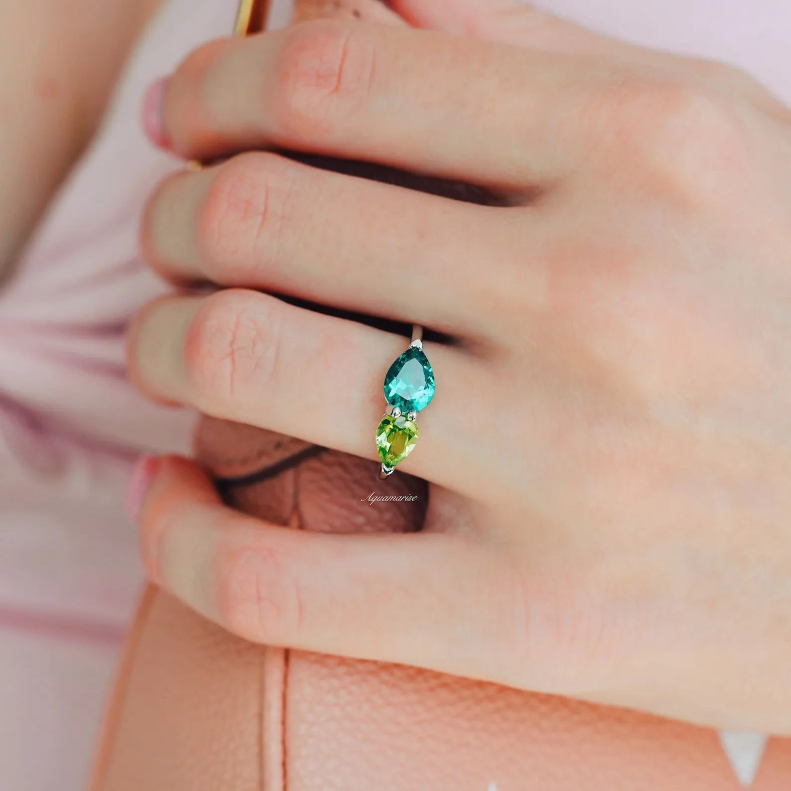 'Toi Et Moi' Pear Cut Peridot & Emerald Ring- Sterling Silver