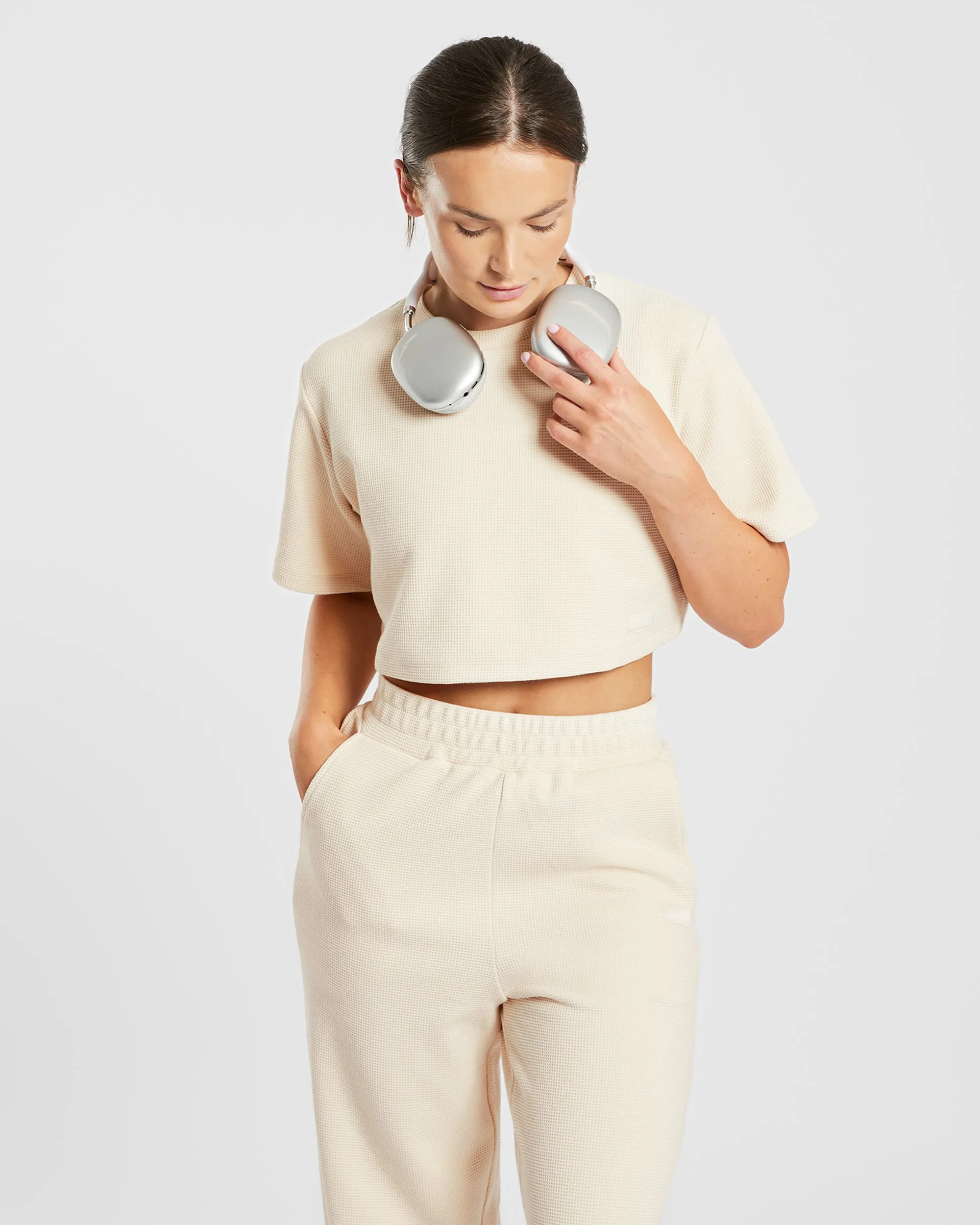 Waffle Boxy Crop Top - Beige