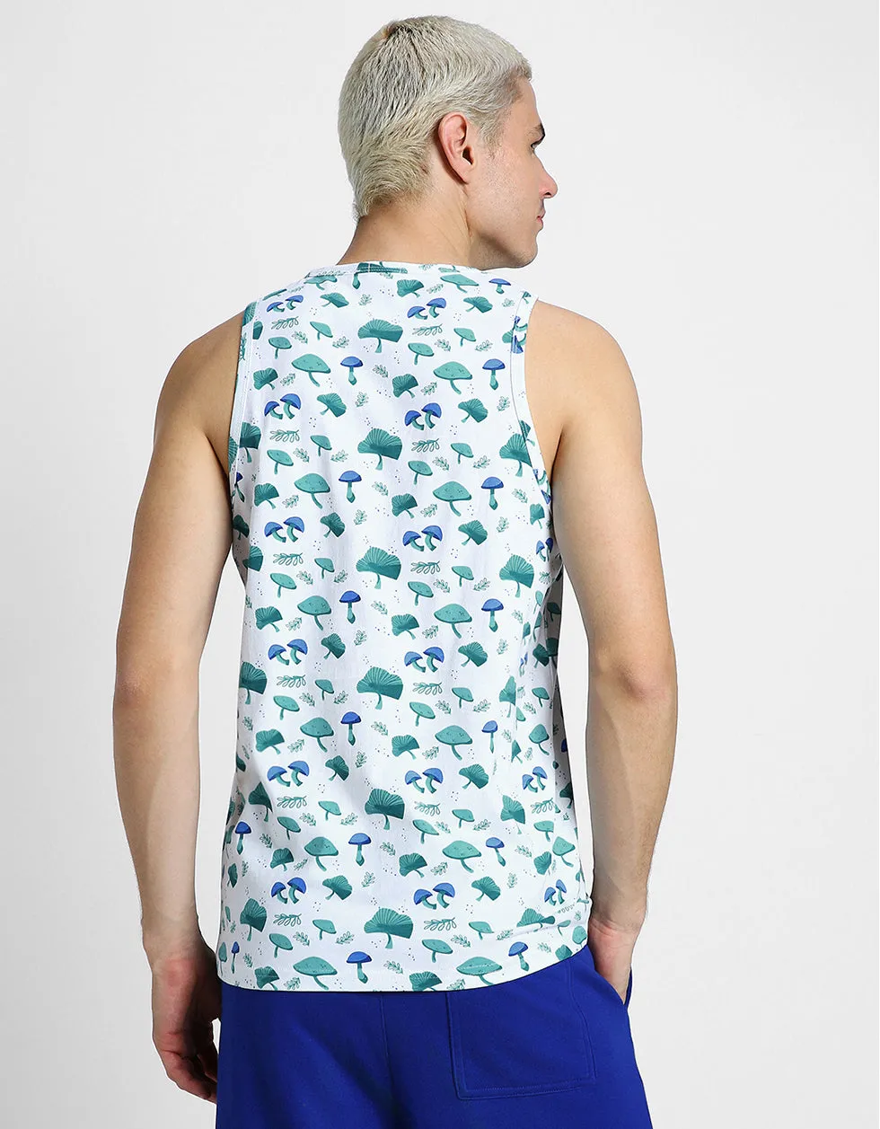 White & Blue Mushroom Printed Gym Vest