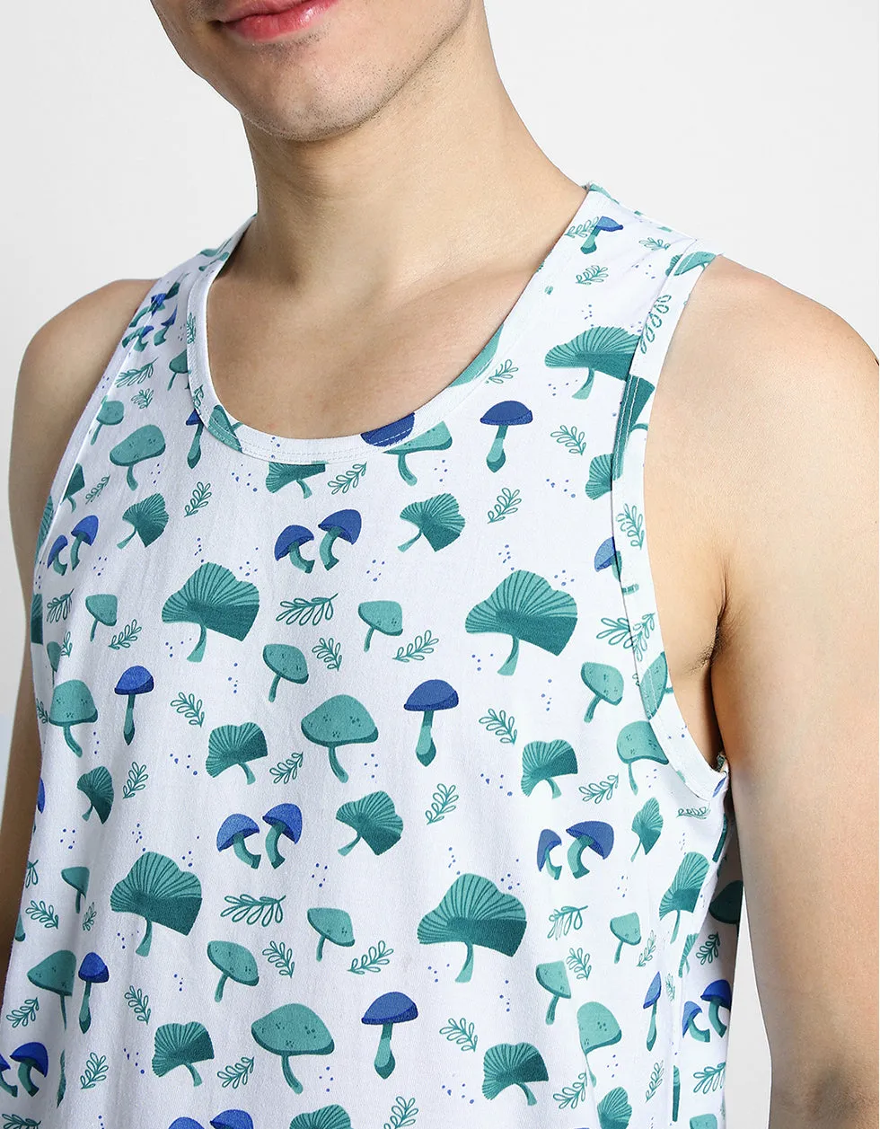 White & Blue Mushroom Printed Gym Vest