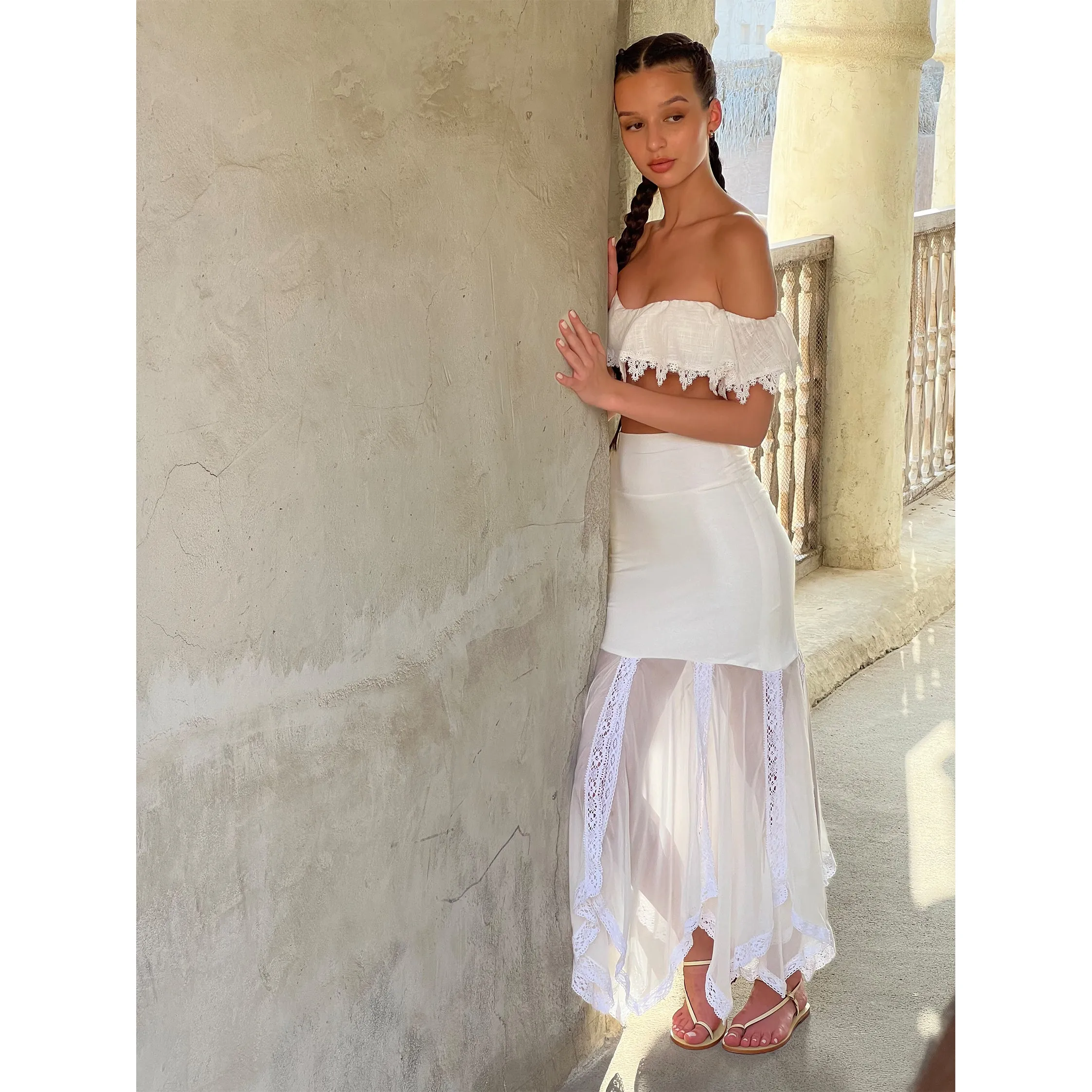 White Linen with Lace Off Shoulder Top