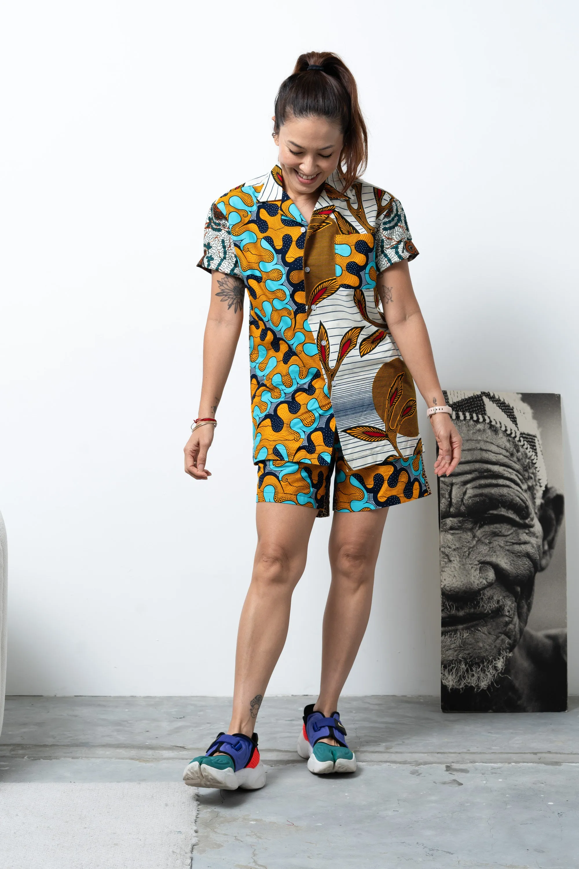 Zika Loose fit Bowling Collar Unisex Shirt - Mix Match Awoluba/Grotto Cyan Yellow and White African Ankara Wax Cotton Print