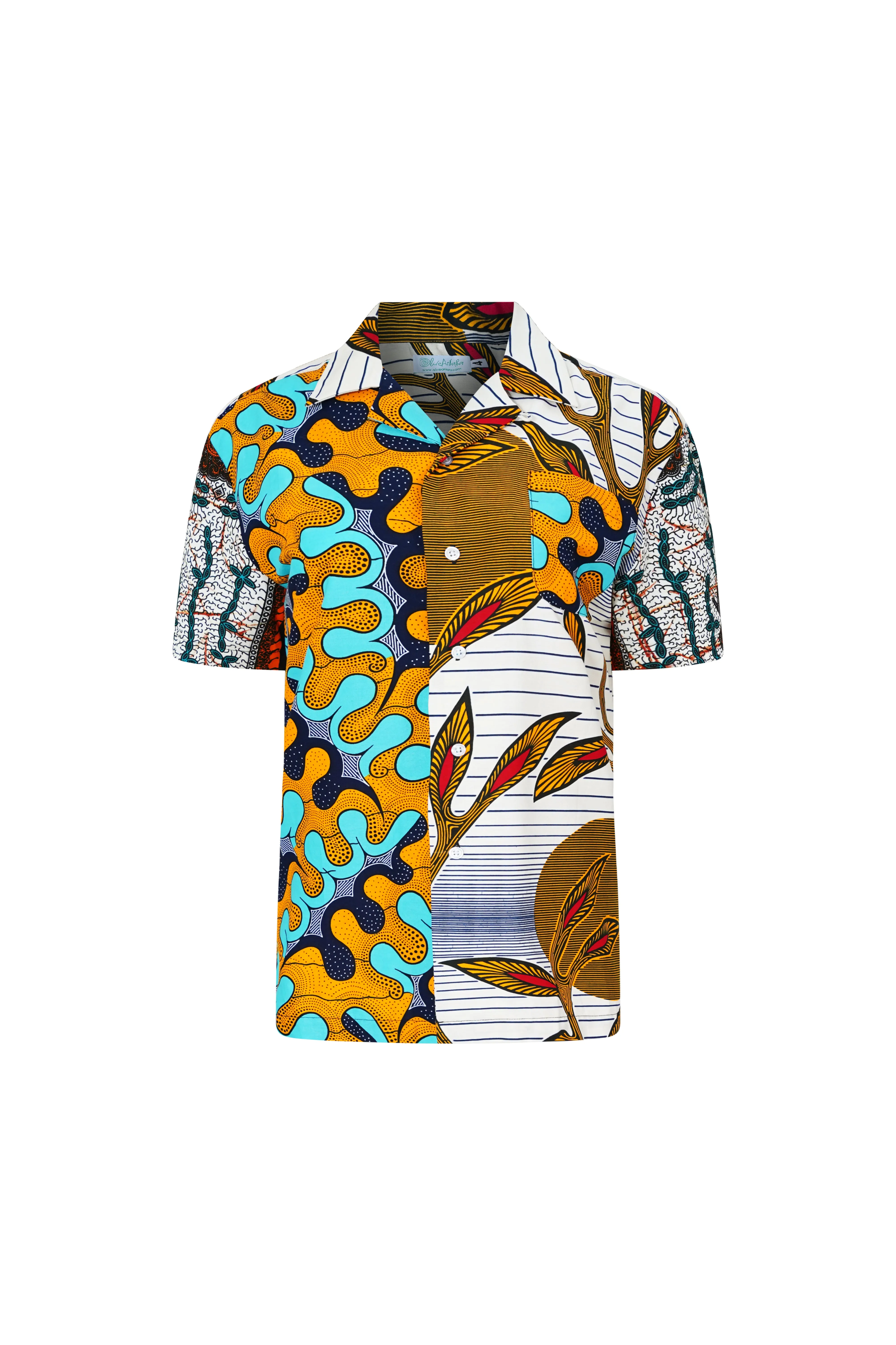 Zika Loose fit Bowling Collar Unisex Shirt - Mix Match Awoluba/Grotto Cyan Yellow and White African Ankara Wax Cotton Print